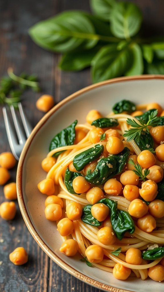 A bowl of pasta with chickpeas and spinach garnished with herbs.