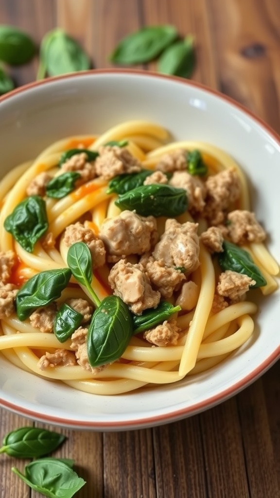 A bowl of pasta topped with ground turkey and fresh spinach