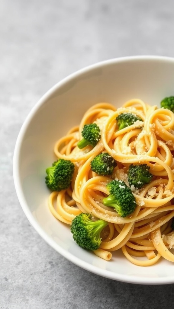 A bowl of pasta with roasted garlic and broccoli, looking delicious.