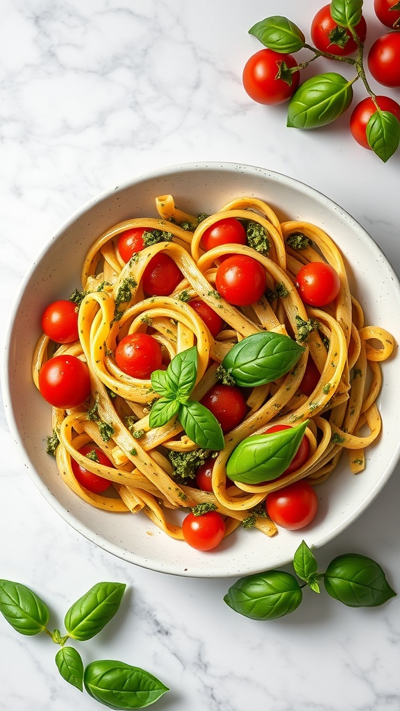 A plate of pesto penne pasta with cherry tomatoes and fresh basil leaves.