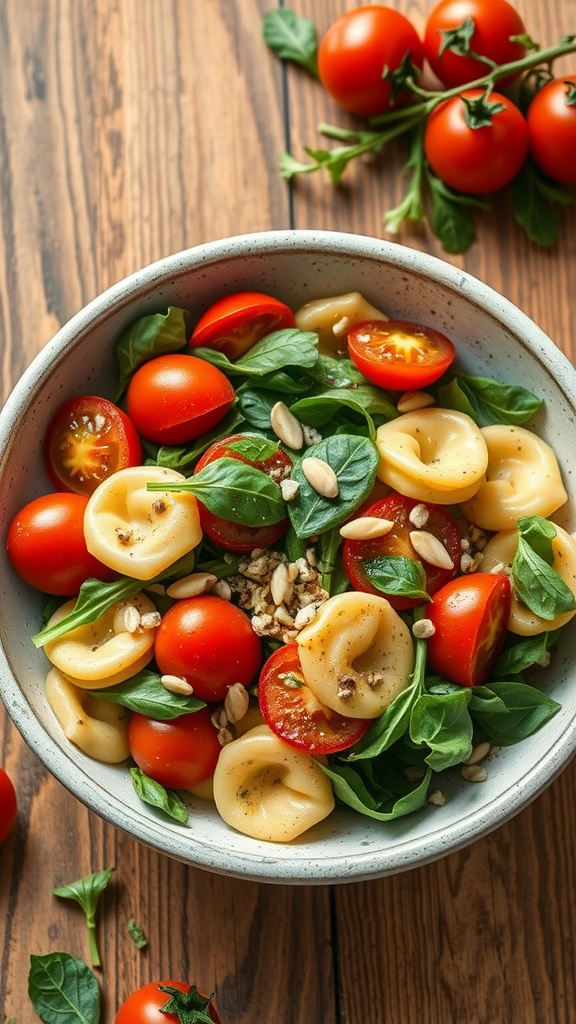 A bowl of Pesto Tortellini Salad featuring tortellini, cherry tomatoes, spinach, and pine nuts.