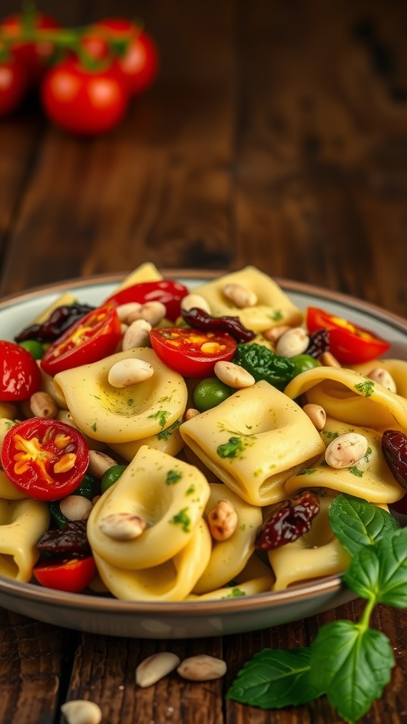 A plate of pesto tortellini with sun-dried tomatoes, garnished with pine nuts and fresh basil.