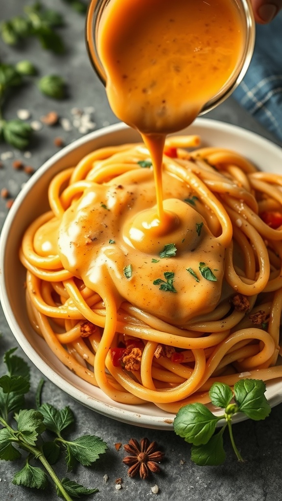 Creamy Cajun chicken pasta with sauce being poured over