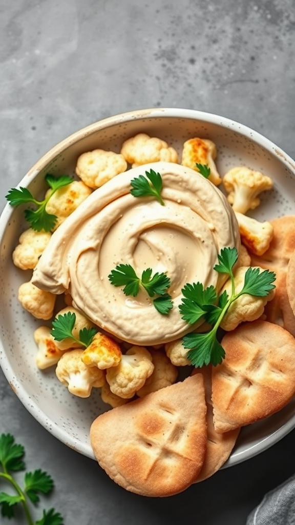 A bowl filled with roasted cauliflower, tahini sauce, and pita bread, garnished with parsley.