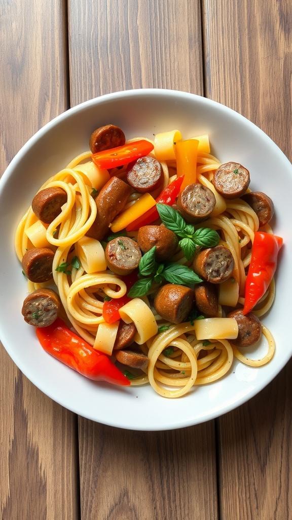 A plate of pasta with sausage, bell peppers, and basil on a wooden table.