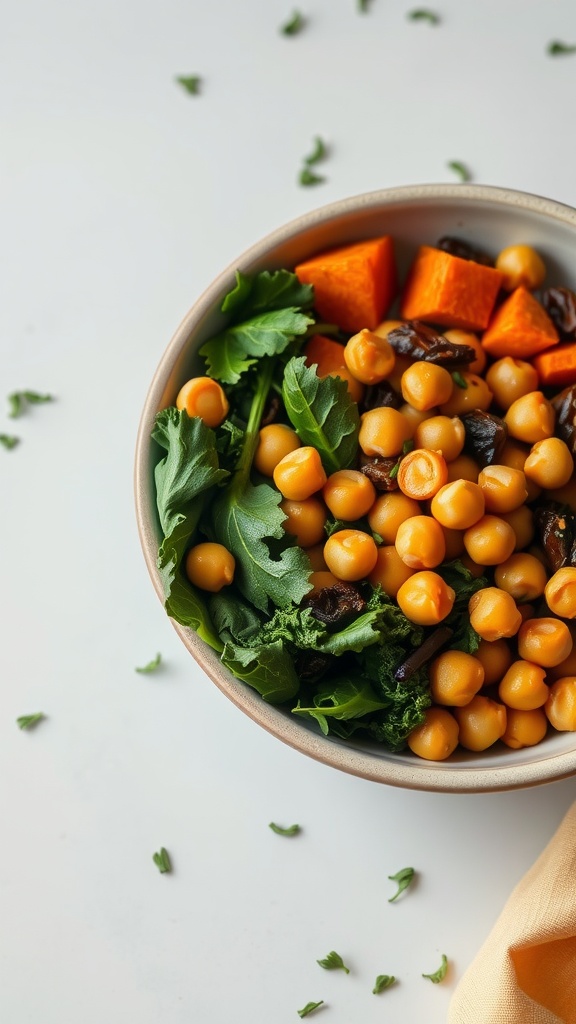 A wholesome Buddha bowl filled with roasted chickpeas, sweet potatoes, and greens.