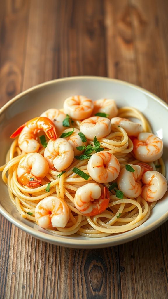 Plate of spaghetti topped with shrimp and scallops in a white wine sauce