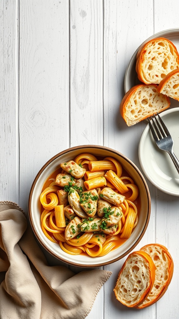 A bowl of creamy Cajun chicken pasta next to slices of garlic bread on a plate.