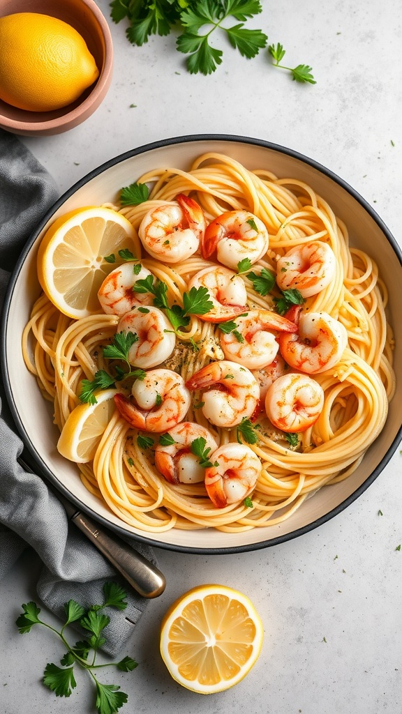 A bowl of shrimp scampi pasta garnished with lemon and parsley.