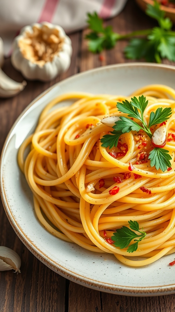 A plate of spaghetti aglio e olio garnished with parsley and chili flakes.