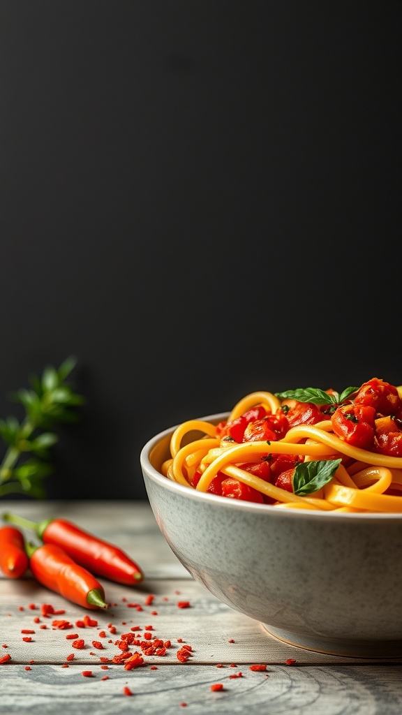 A bowl of Spicy Arrabbiata pasta topped with fresh basil, surrounded by chili peppers.