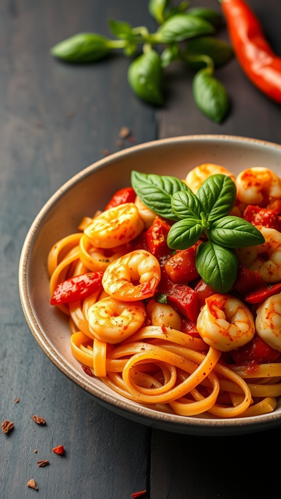 A plate of spicy shrimp penne arrabbiata garnished with basil.