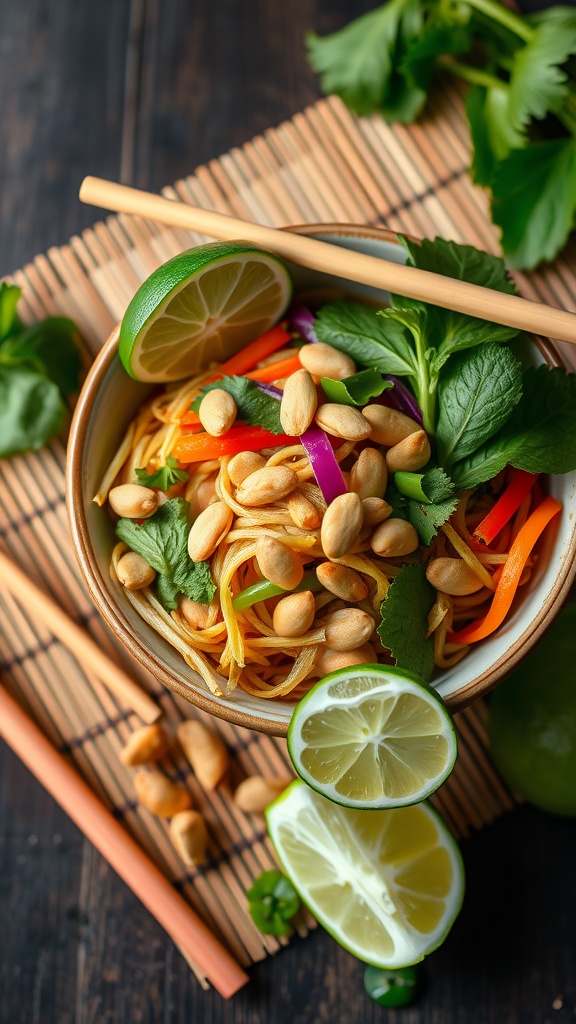 Bowl of Spicy Thai Peanut Noodle with fresh vegetables and peanuts