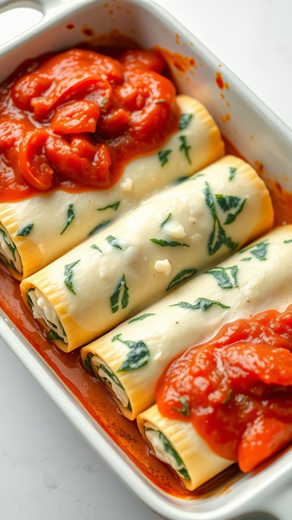 A dish of spinach and ricotta cannelloni topped with tomato sauce.