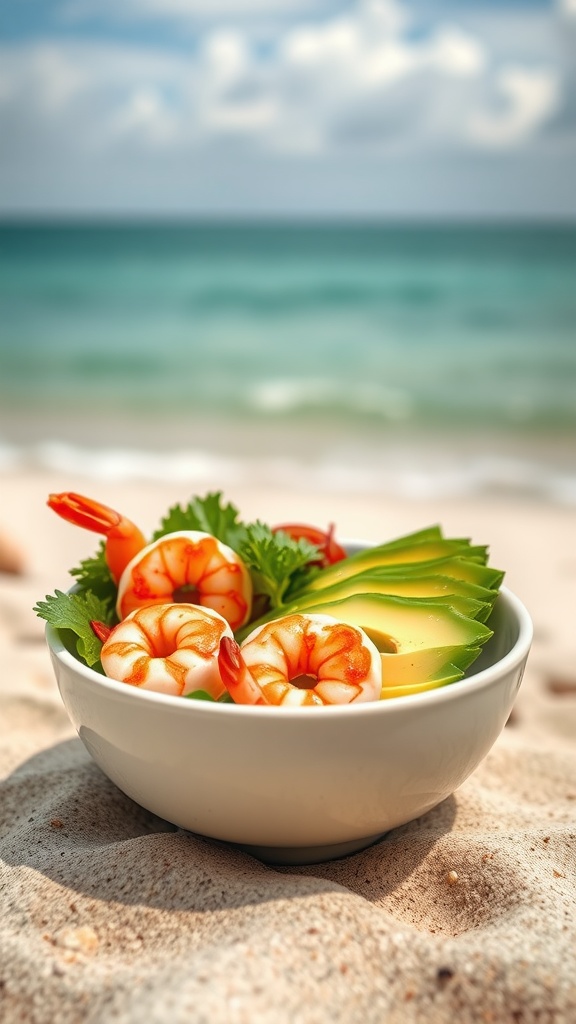 A delicious Sriracha shrimp and avocado bowl with fresh ingredients.