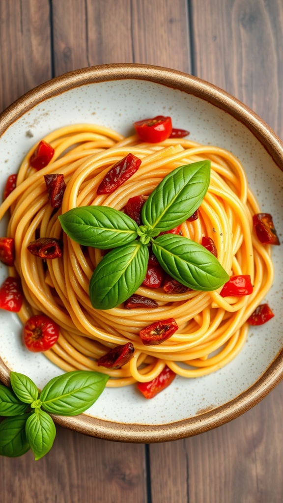 A delicious bowl of sun-dried tomato pasta topped with fresh basil.