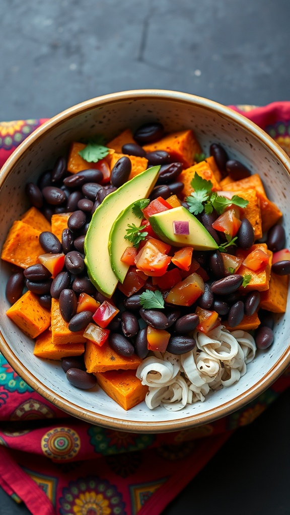 Sweet Potato and Black Bean Bowl featuring roasted sweet potatoes, black beans, avocado, and fresh veggies.