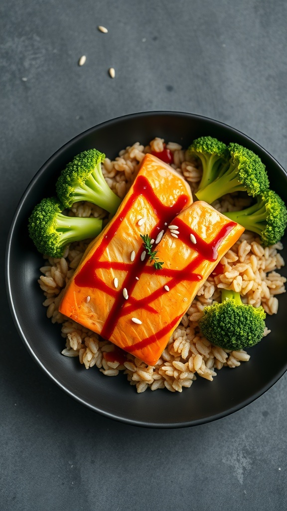 A teriyaki salmon bowl with broccoli and grains.