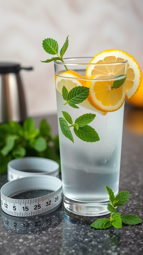 A glass of refreshing lemon mint water with measuring tape beside it.