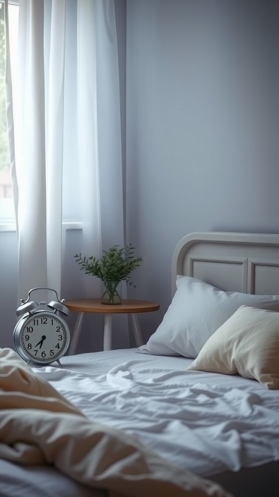 Cozy bedroom with an alarm clock and soft bedding, emphasizing the importance of sleep for weight loss.