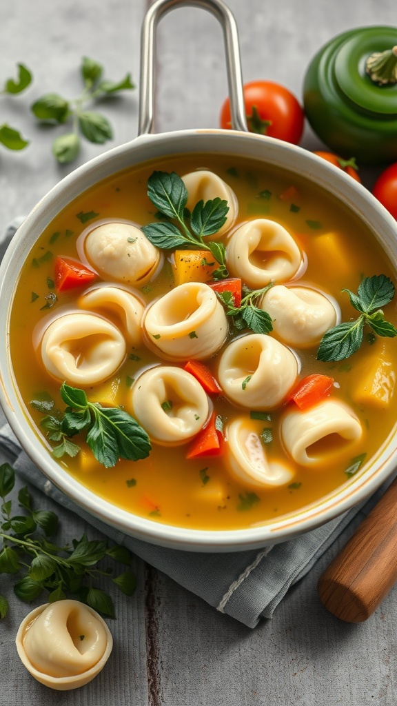 A bowl of tortellini in broth with vegetables and herbs.