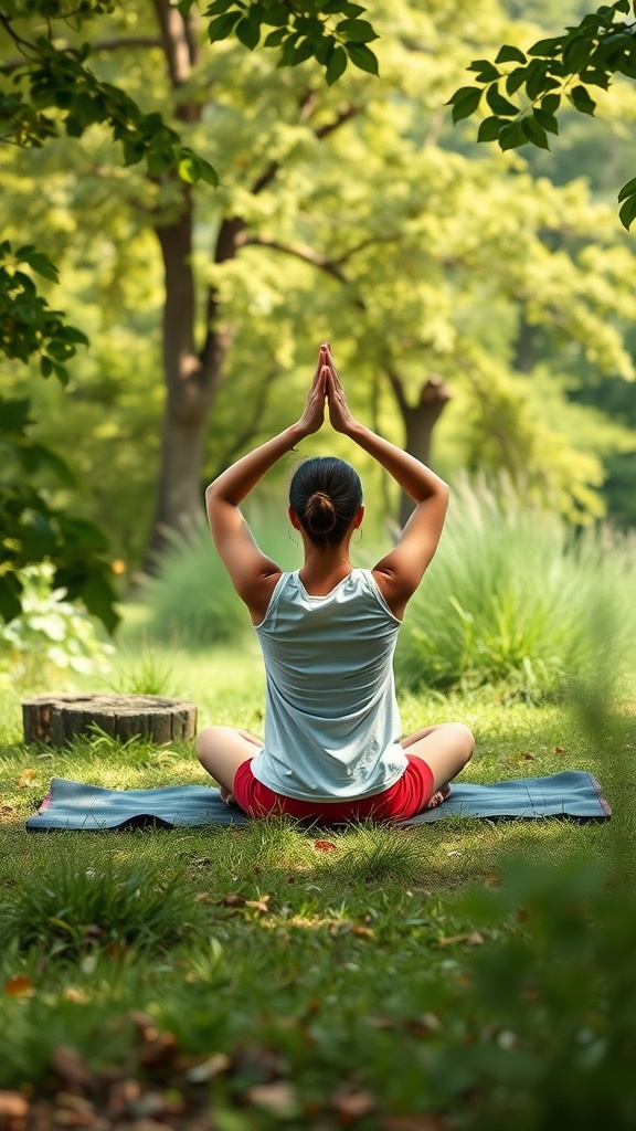 A person practicing yoga outdoors surrounded by greenery, promoting stress relief.