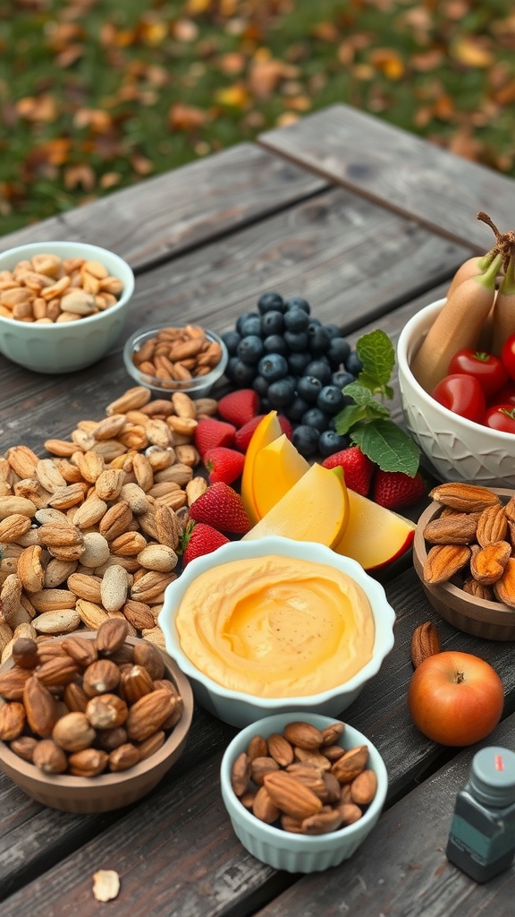 A vibrant array of healthy snacks including nuts, fruits, and a dip, showcasing nutritious options for weight loss.