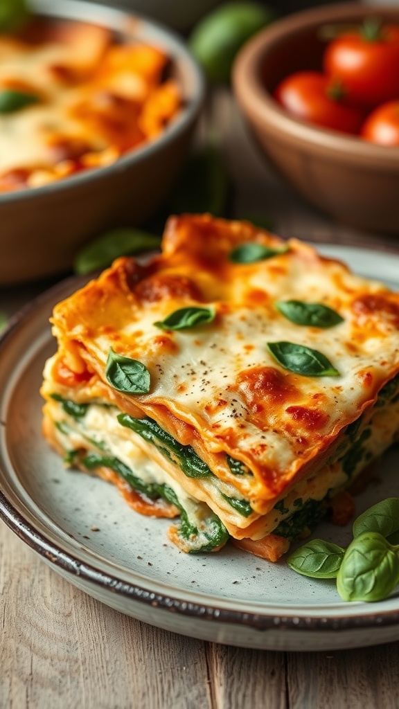 A delicious serving of vegetable lasagna with ricotta on a plate, garnished with fresh basil.