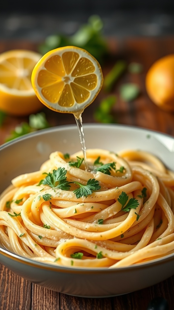 A bowl of creamy pasta topped with lemon slices and fresh herbs.