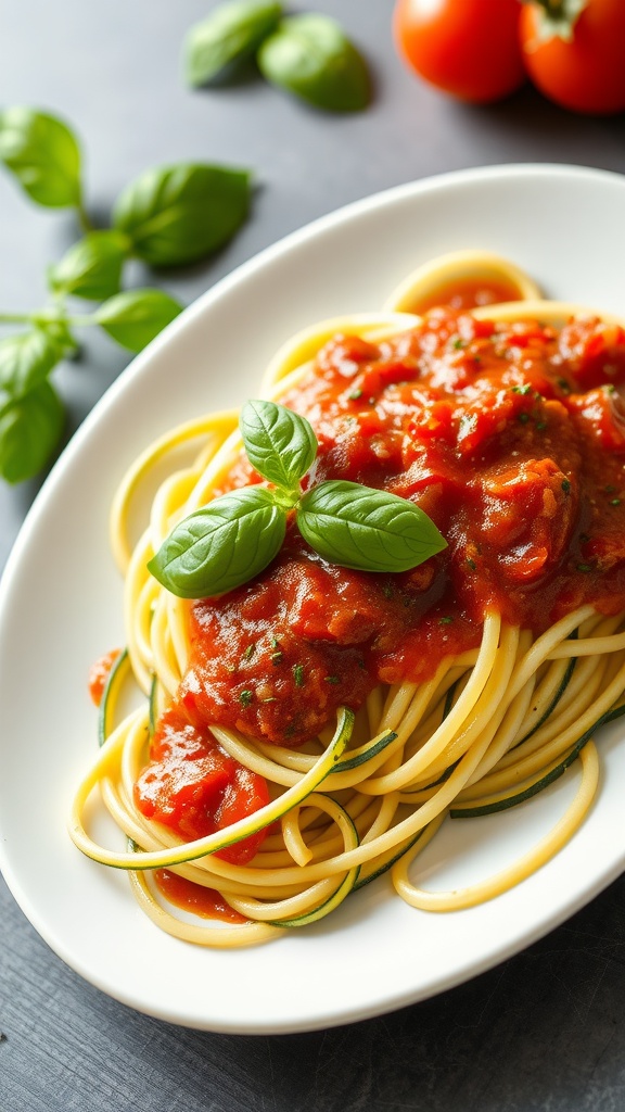 A plate of zucchini noodles topped with marinara sauce and fresh basil.